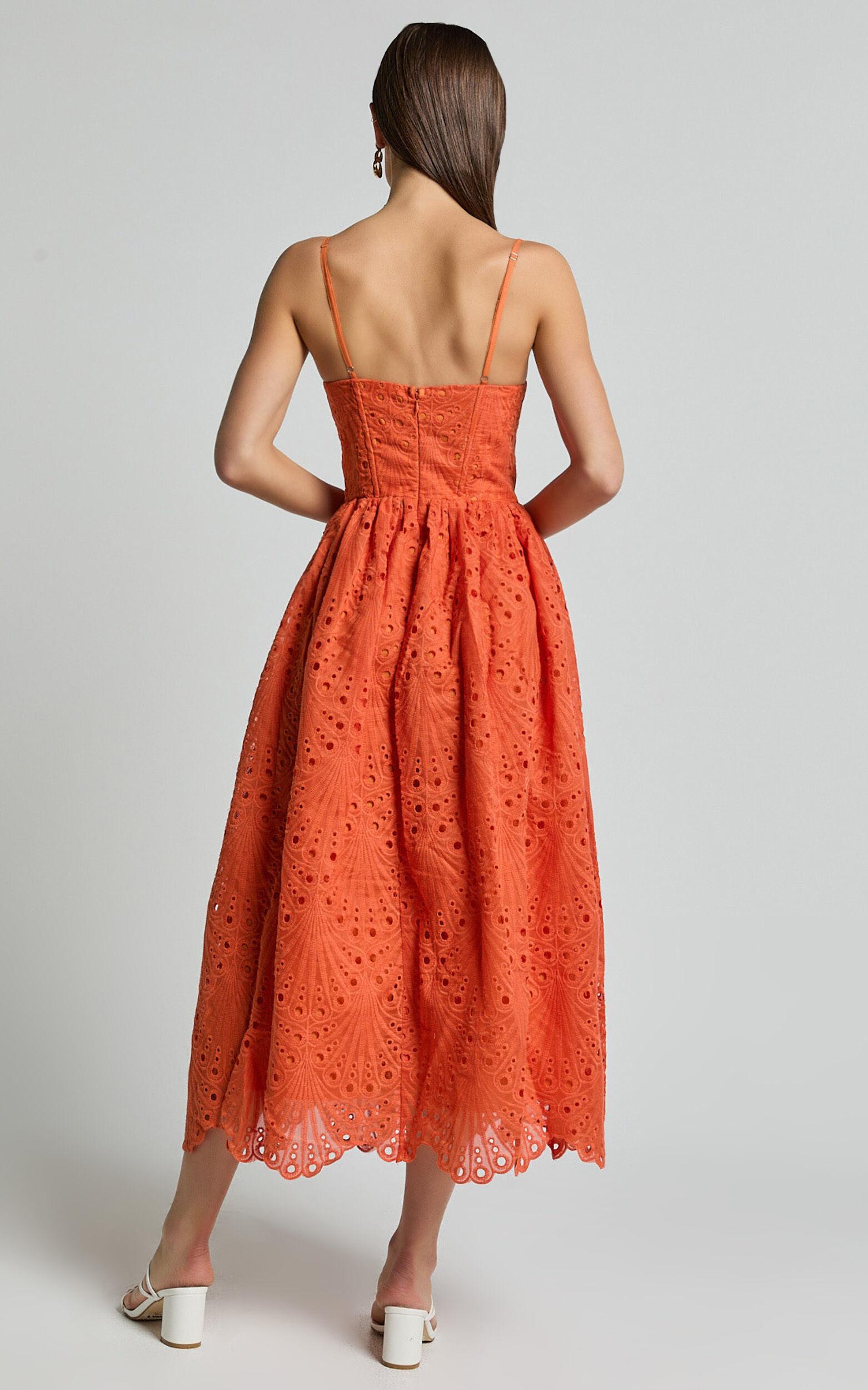 Gabriella Midi Dress - Strappy Gathered Skirt Embroidered Dress in Orange Product Image