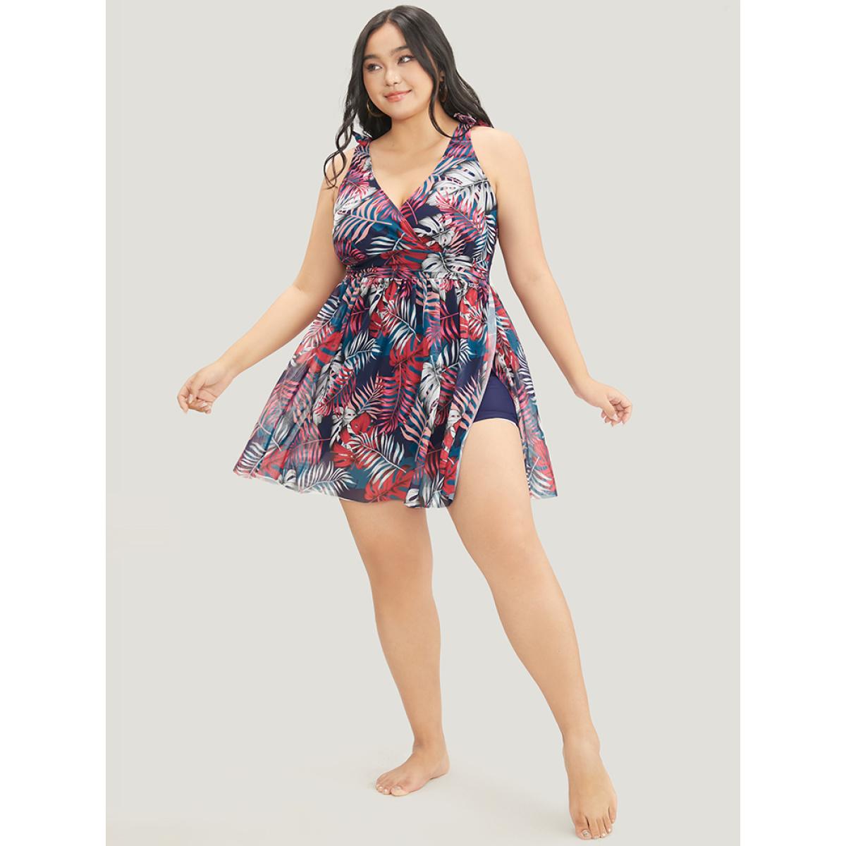 Plus Size Tropical Print Bow Sculpt Waist Split Swim Dress Women's Swimwear Red Vacation Bodycon V-neck High stretch Curve Swim Dresses BloomChic 22-24/3X Product Image