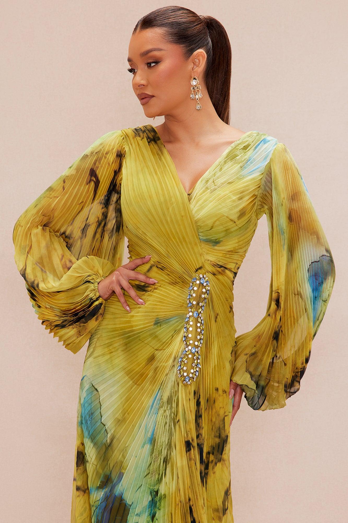 Luna Pleated Maxi Dress - Green/combo Female Product Image