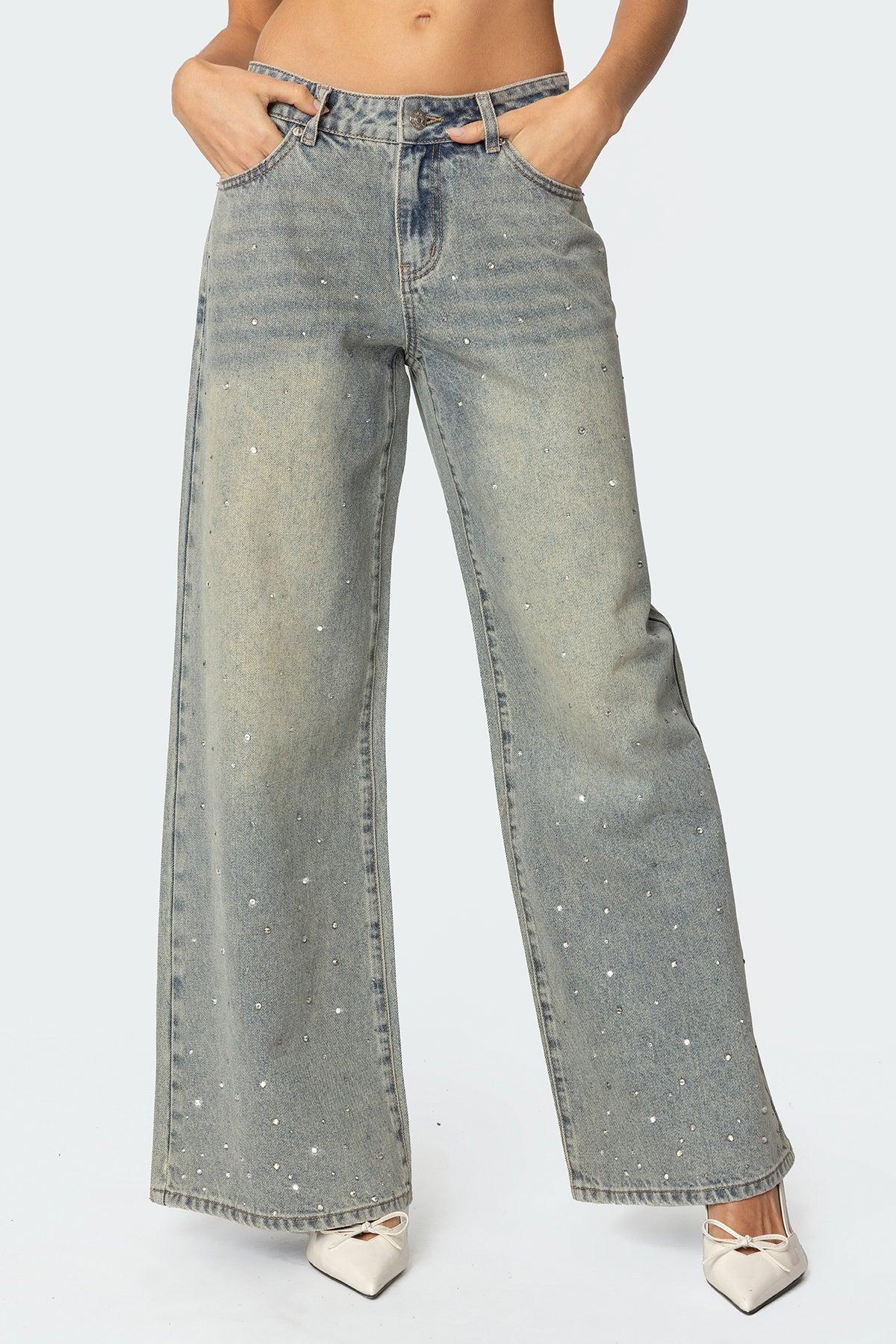 Rhinestone Washed Low Rise Baggy Jeans Product Image