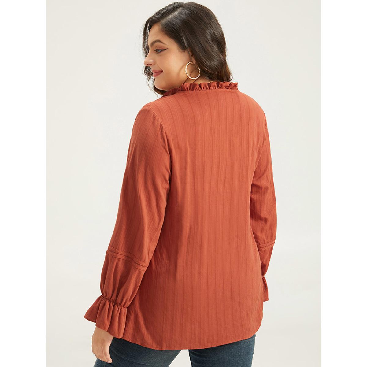 Plus Size OrangeRed Plain Tie Neck Textured Ruffle Trim Blouse Women Elegant Long Sleeve Tie Neck Dailywear Blouses BloomChic 14-16/1X Product Image