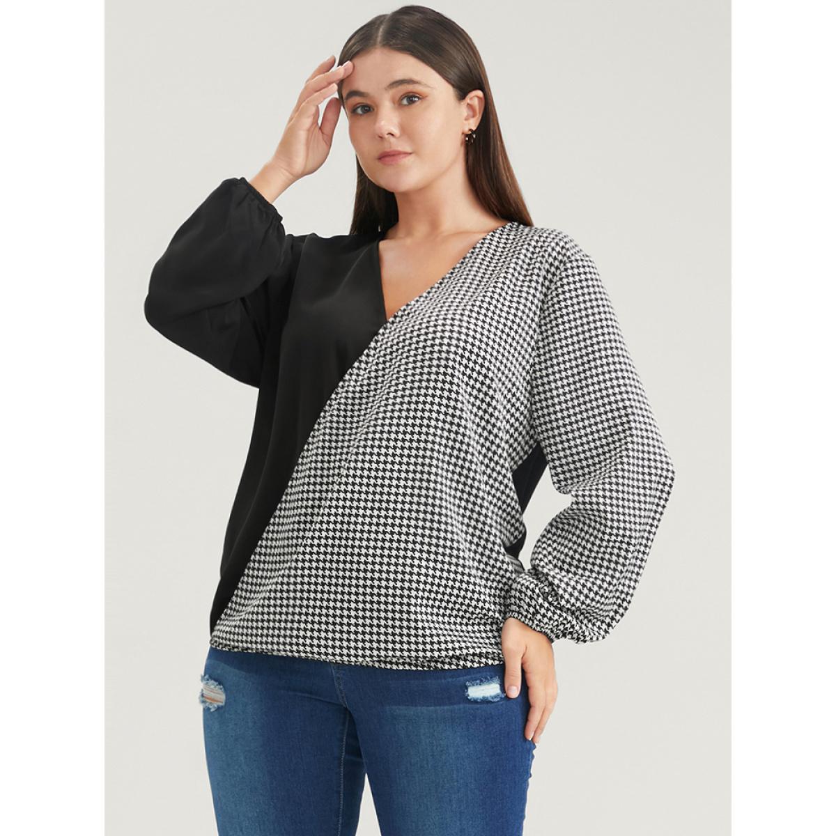 Plus Size Black Houndstooth Patchwork Lantern Sleeve Blouse Women Office Long Sleeve V-neck Work Blouses BloomChic 22-24/3X Product Image
