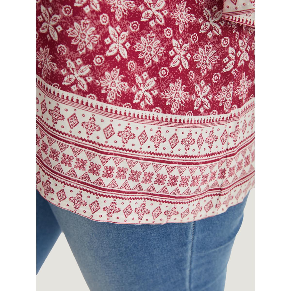 Plus Size Crimson Floral Print Bell Sleeve Knotted Round Neck Blouse Women Vacation Elbow-length sleeve Round Neck Dailywear Blouses BloomChic 22-24/3X Product Image