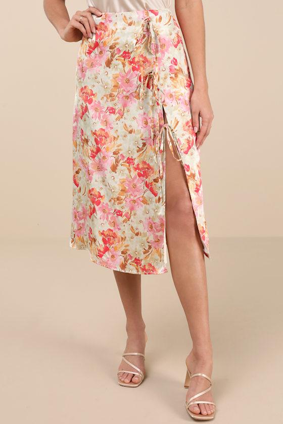 Nasima Cream Multi Floral Satin Midi Skirt Product Image