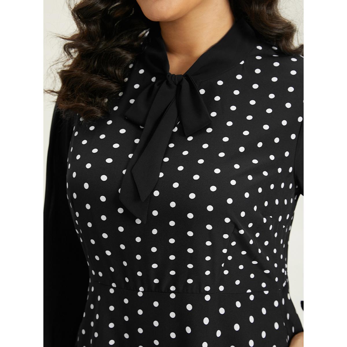 Plus Size Polka Dot Patchwork Knot Lantern Sleeve Dress Black Women Office Elastic cuffs Tie Neck Long Sleeve Curvy Midi Dress BloomChic 10/M Product Image