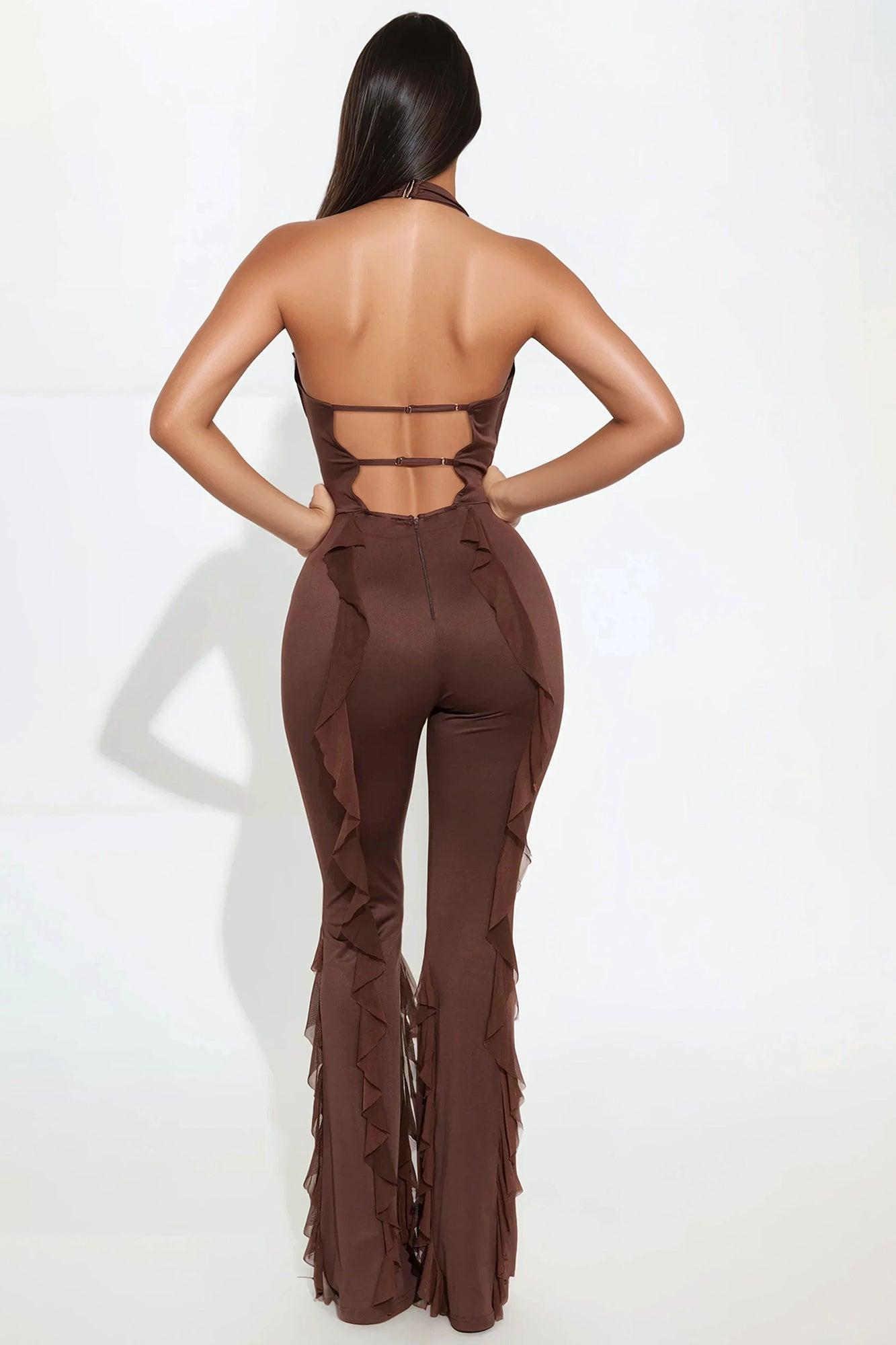Take The Lead Halter Flare Leg Jumpsuit - Chocolate Product Image