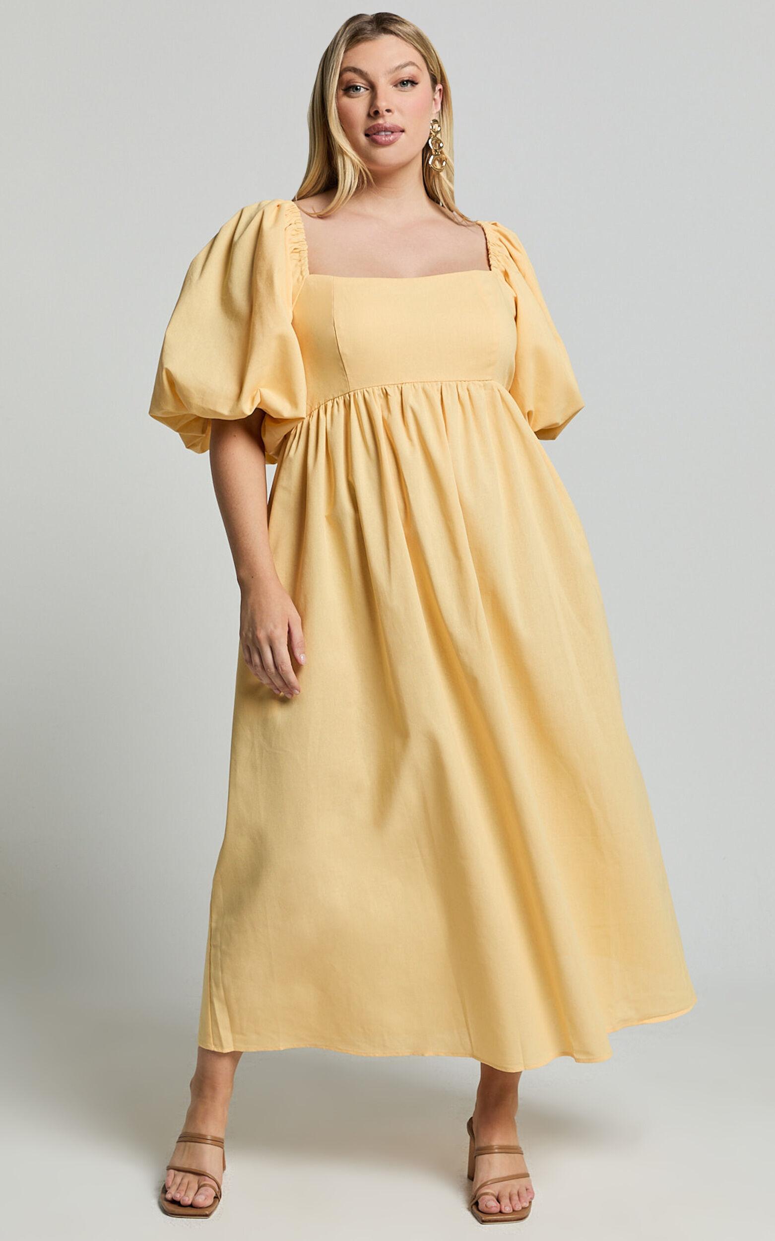 Cenia Midi Dress - Linen Straight Neck Shirred Back Puff Sleeve Dress in Lemon Product Image