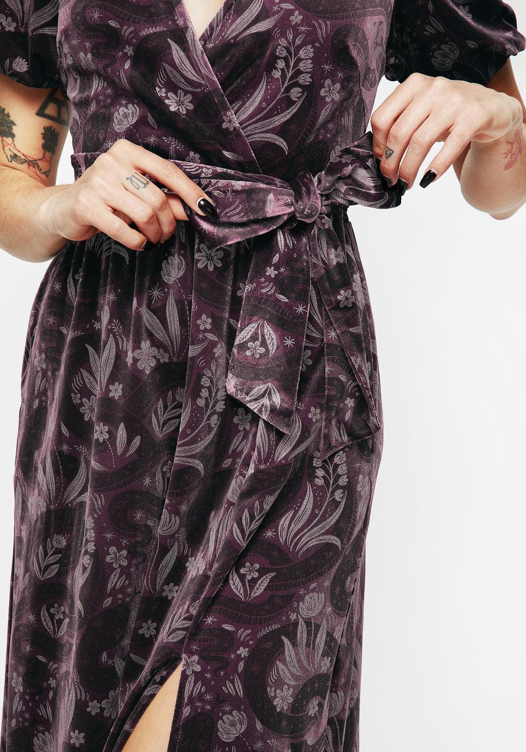 Deception Snake Foil Print Velour Midi Wrap Dress Product Image