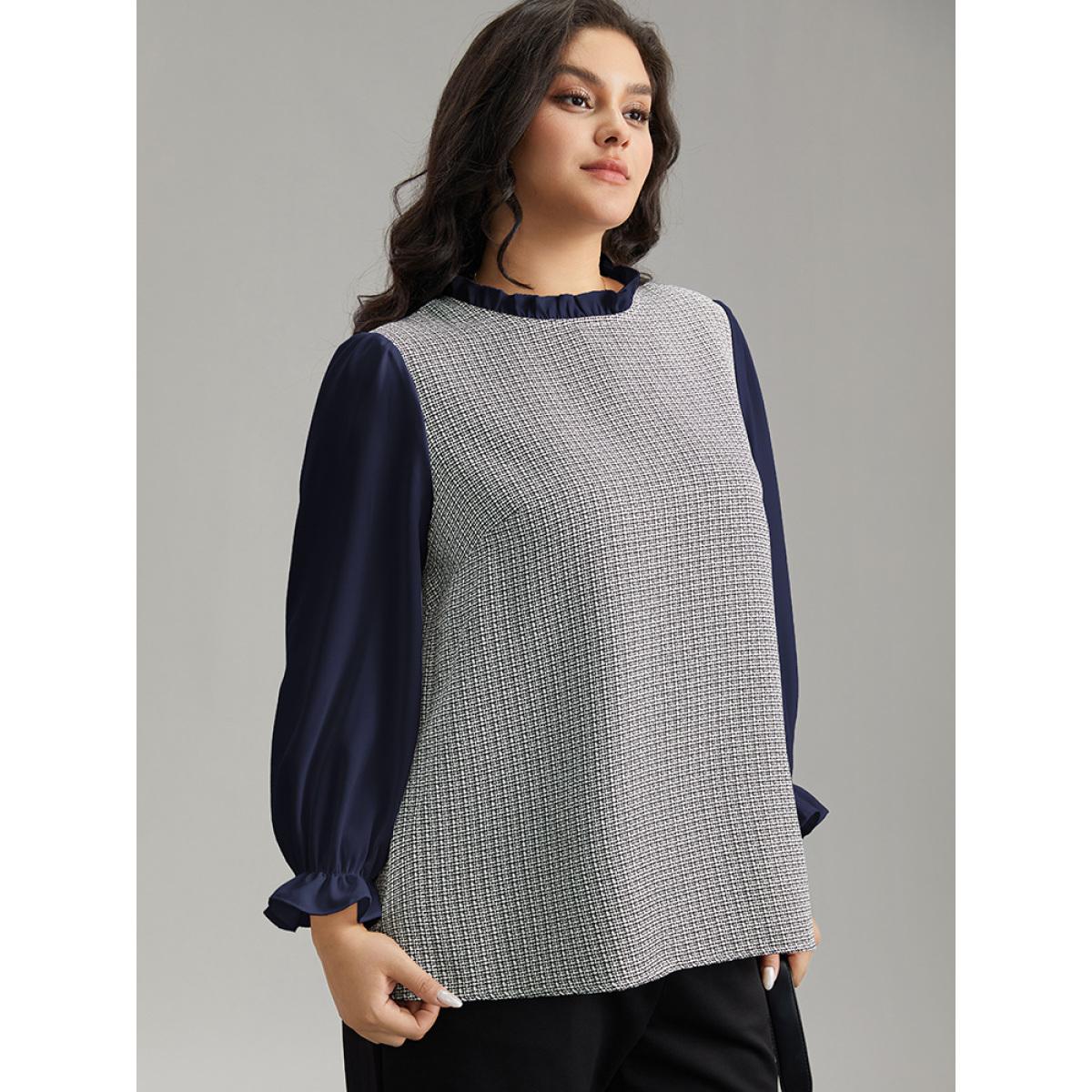 Plus Size Indigo Gingham Ruffles Patchwork Frill Trim Blouse Women Office Long Sleeve Stand-up collar Work Blouses BloomChic 26/4X Product Image