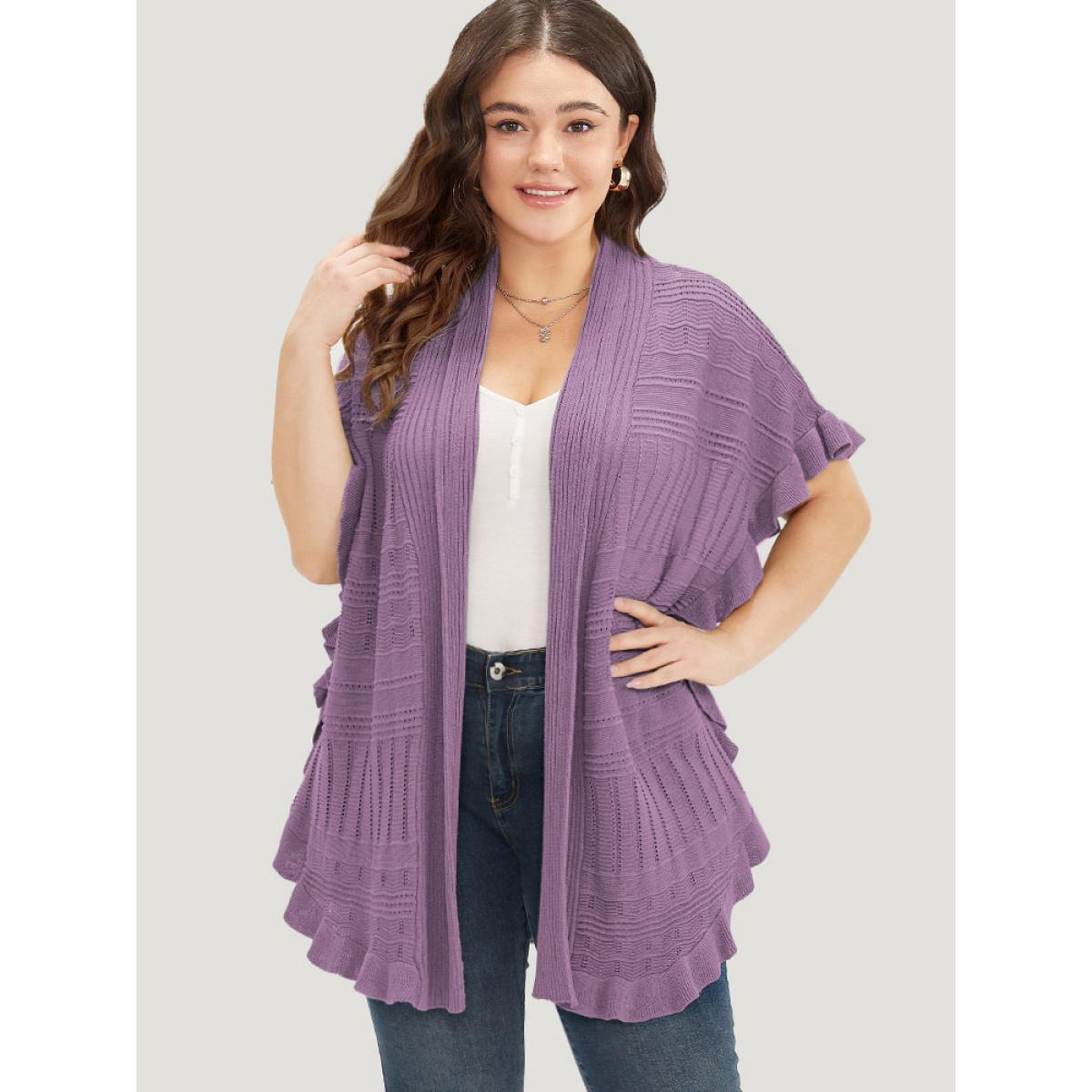 Plus Size Anti-Pilling Plain Ruffles Split Hem Dolman Sleeve Cardigan Green Women Casual Loose Short sleeve Everyday Cardigans BloomChic 30/6X Product Image