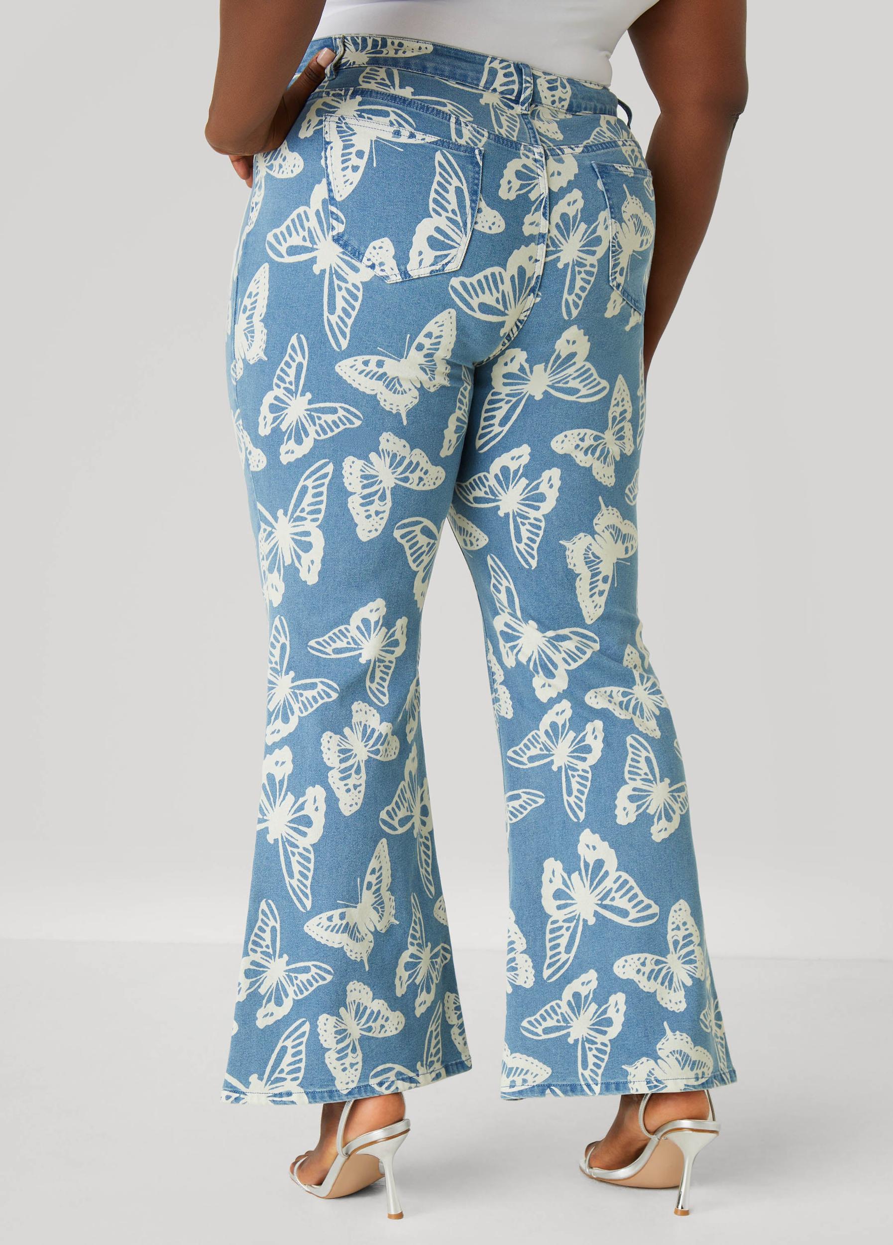 Plus Size Butterfly Print Flared Jeans Ashley Stewart Product Image