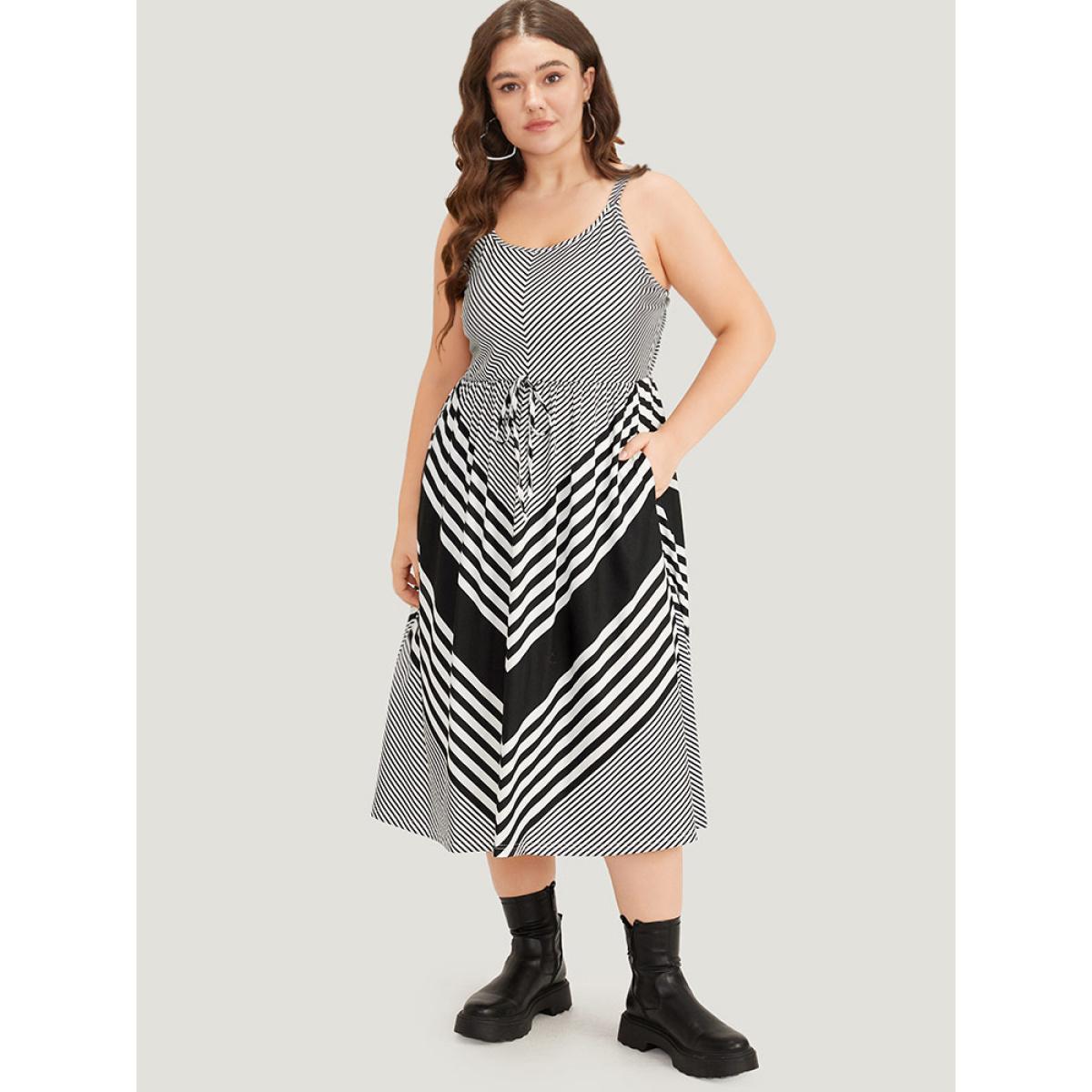 Plus Size Striped Patchwork Pocket Ties Flutter Hem Cami Dress Black Women Casual Adjustable Straps Spaghetti Strap Sleeveless Curvy Midi Dress BloomChic 18-20/2X Product Image