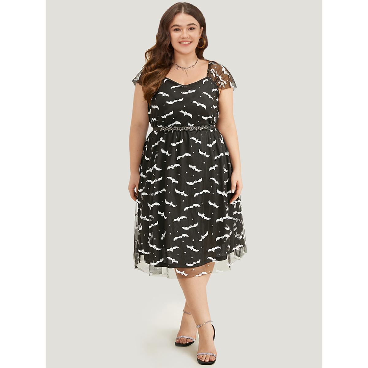 Plus Size Halloween Bat Print Mesh Square Neck Dress Black Women Glamour See through Square Neck Sleeveless Curvy Midi Dress BloomChic 22-24/3X Product Image