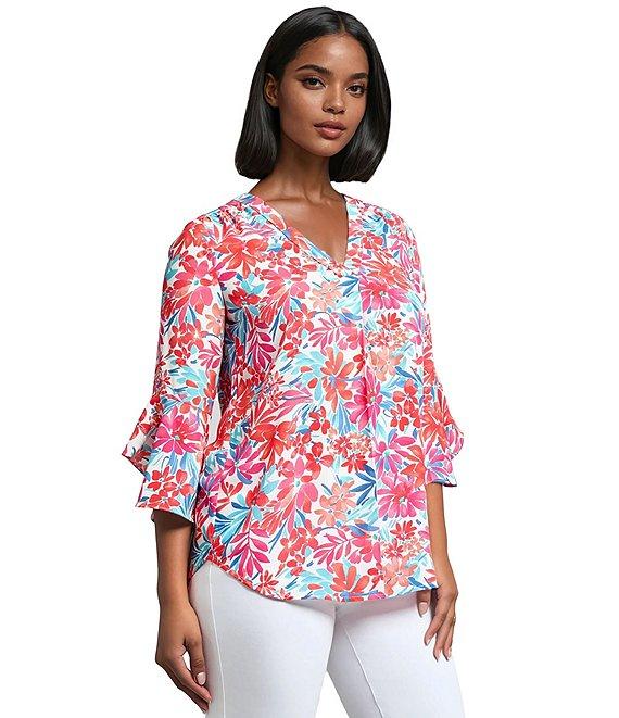 Jones New York Floral Printed V-Neck Flare Sleeve Tunic Product Image