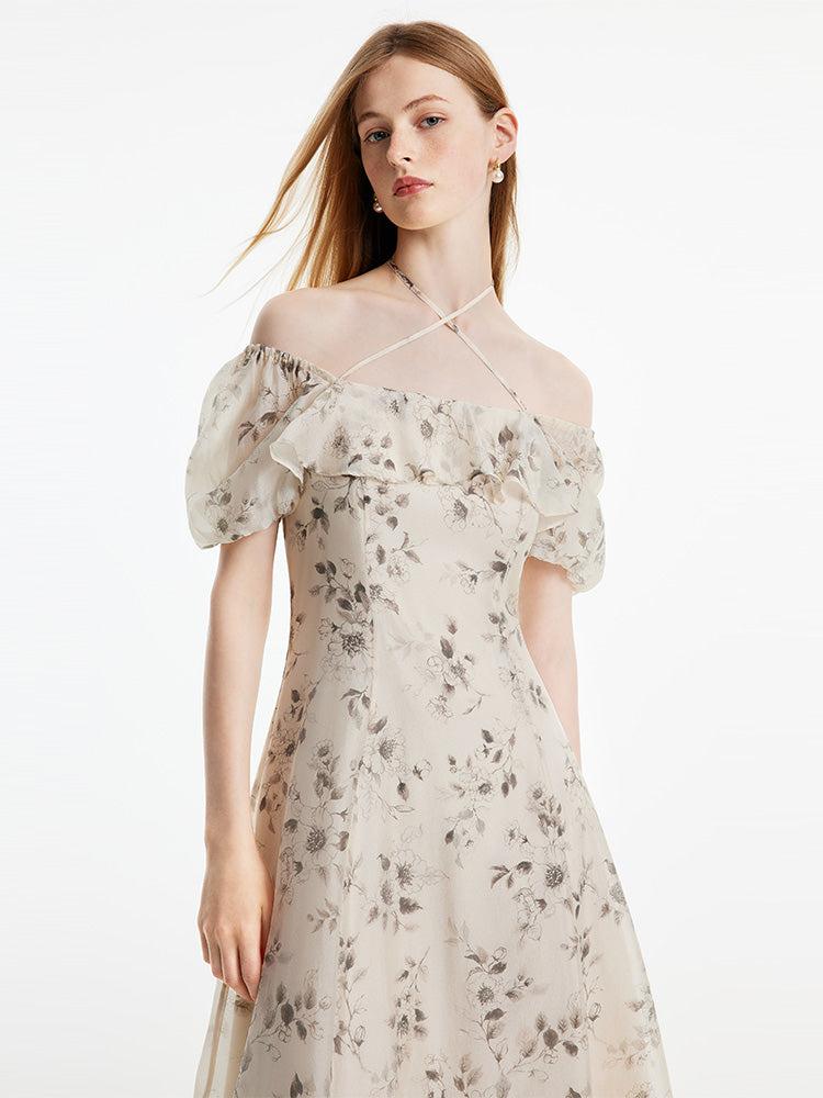 Halter Neck Lace-up Print Midi Dress Product Image