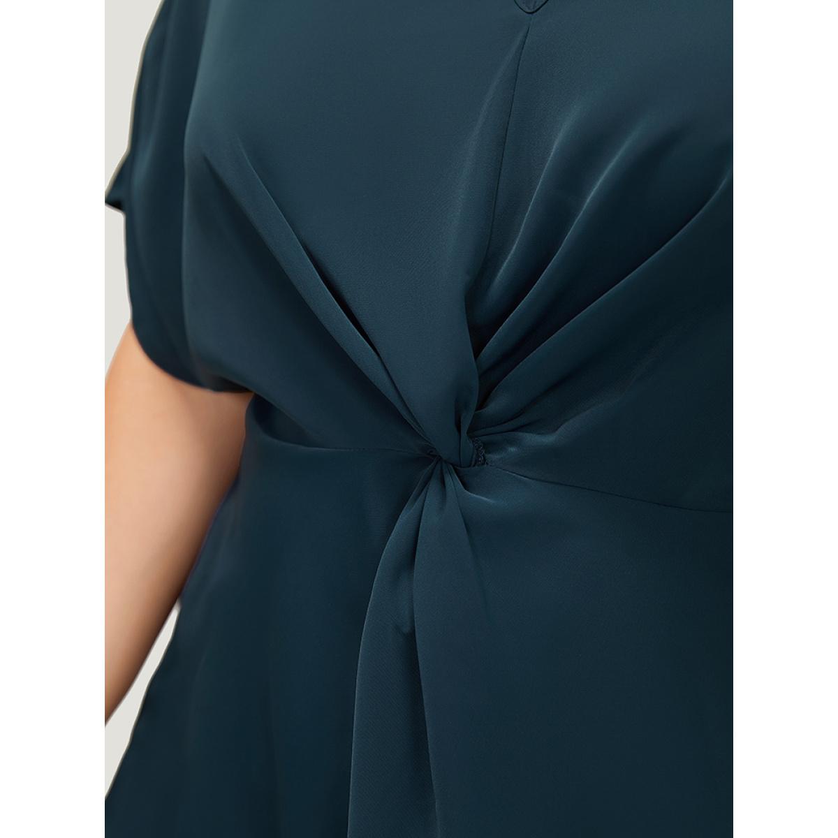 Plus Size Indigo Plain Twist Front Dolman Sleeve Asymmetrical Hem Blouse Women Office Short sleeve V-neck Dailywear Blouses BloomChic 26/4X Product Image