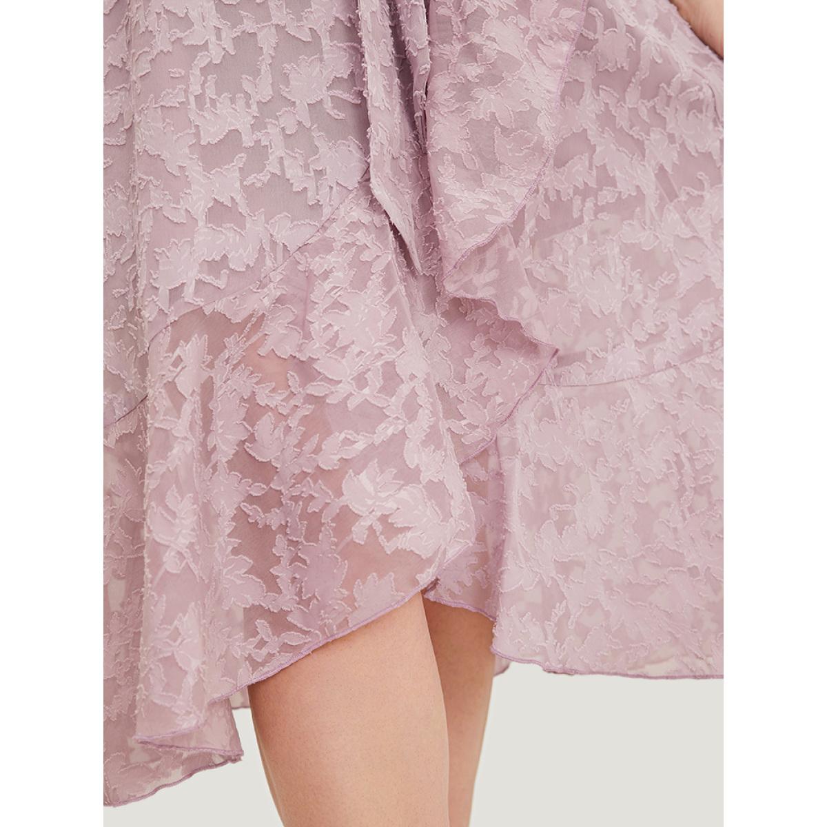 Plus Size Plain Floral Pocket Belted Mesh Ruffle Trim Wrap Midi Dress Lilac Women Glamour Lined V-neck Short sleeve Curvy Midi Dress BloomChic 30/6X Product Image