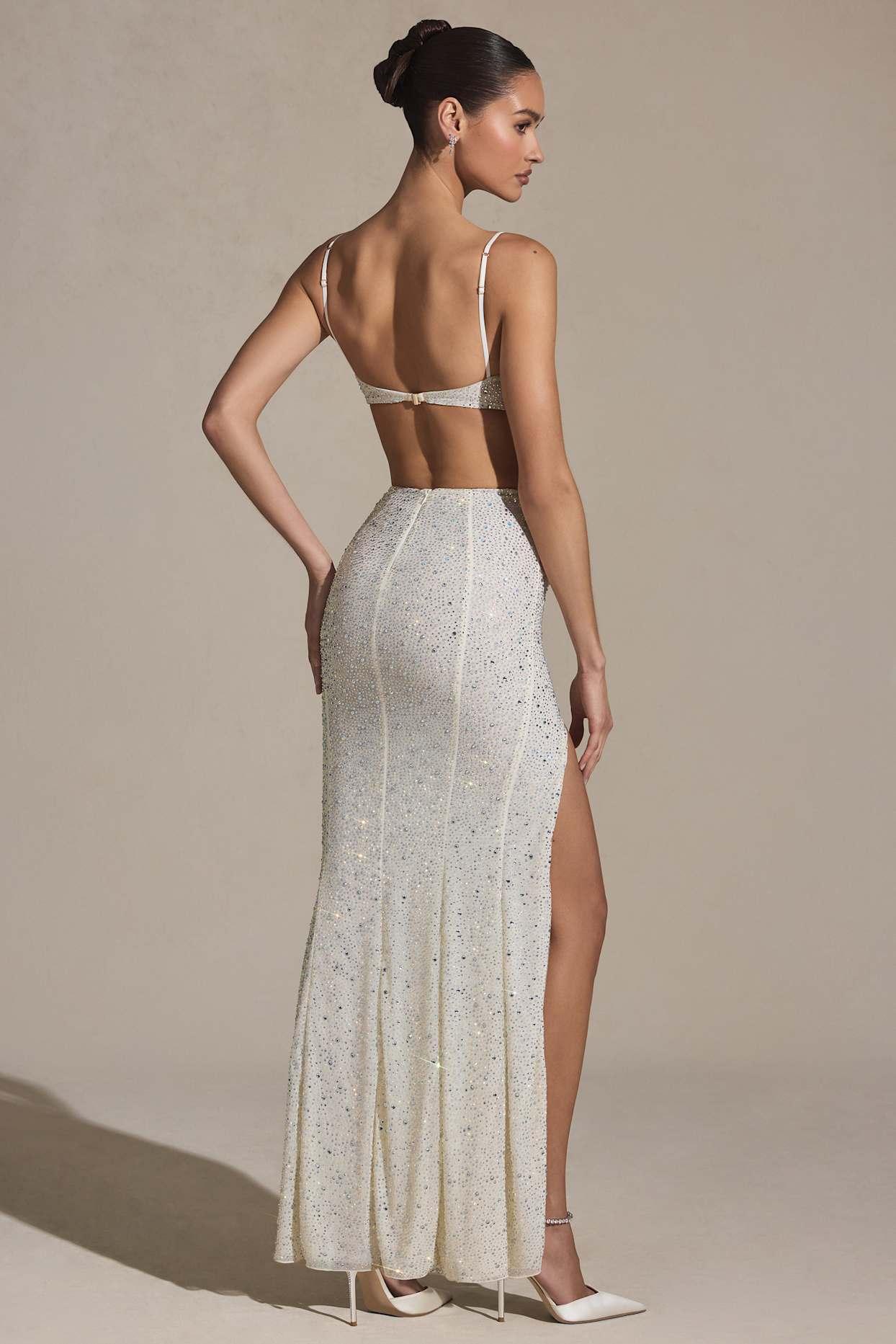 Embellished Cut-Out Fishtail Maxi Dress in White Product Image