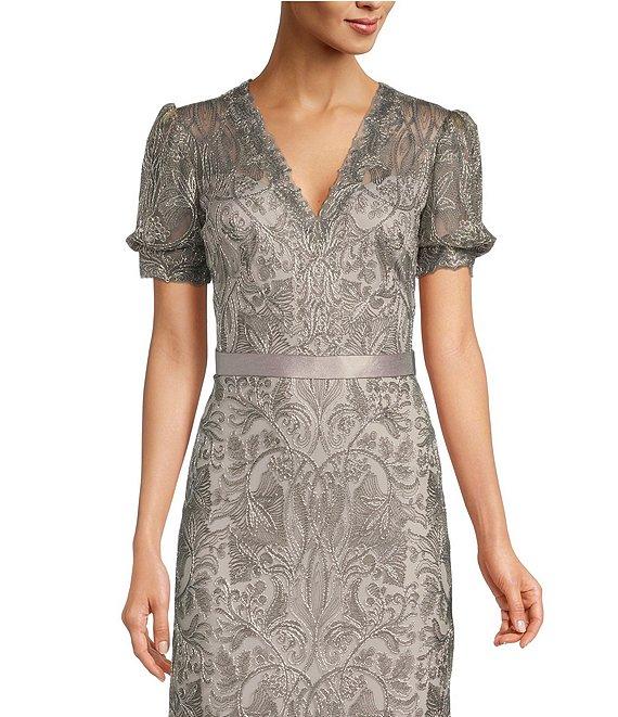Tadashi Shoji Sheer Puffed Short Sleeve Lace Gown Product Image