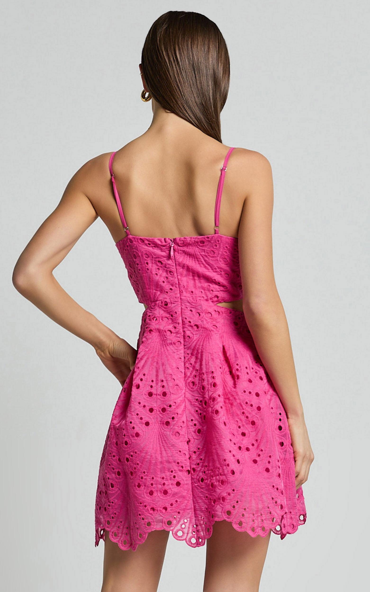 Layne Mini Dress - Strappy Cut Out Embroidered Dress in Pink Product Image