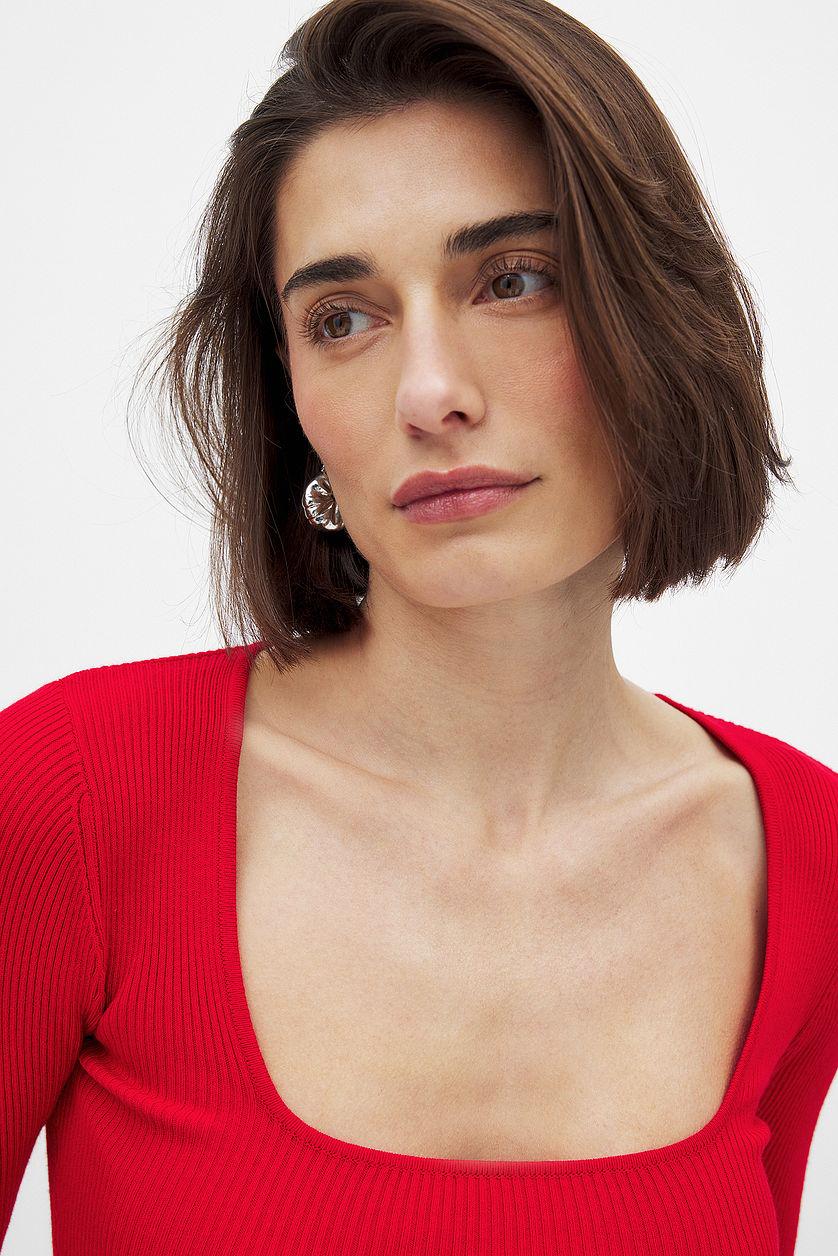 Ribbed Knitted Square Neck Top Product Image