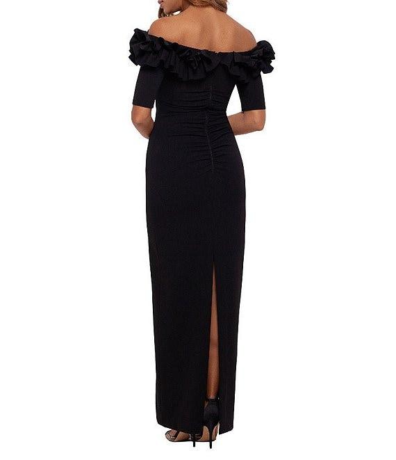 Xscape Ruffled Off-the-Shoulder Short Sleeve Crepe Sheath Gown Product Image
