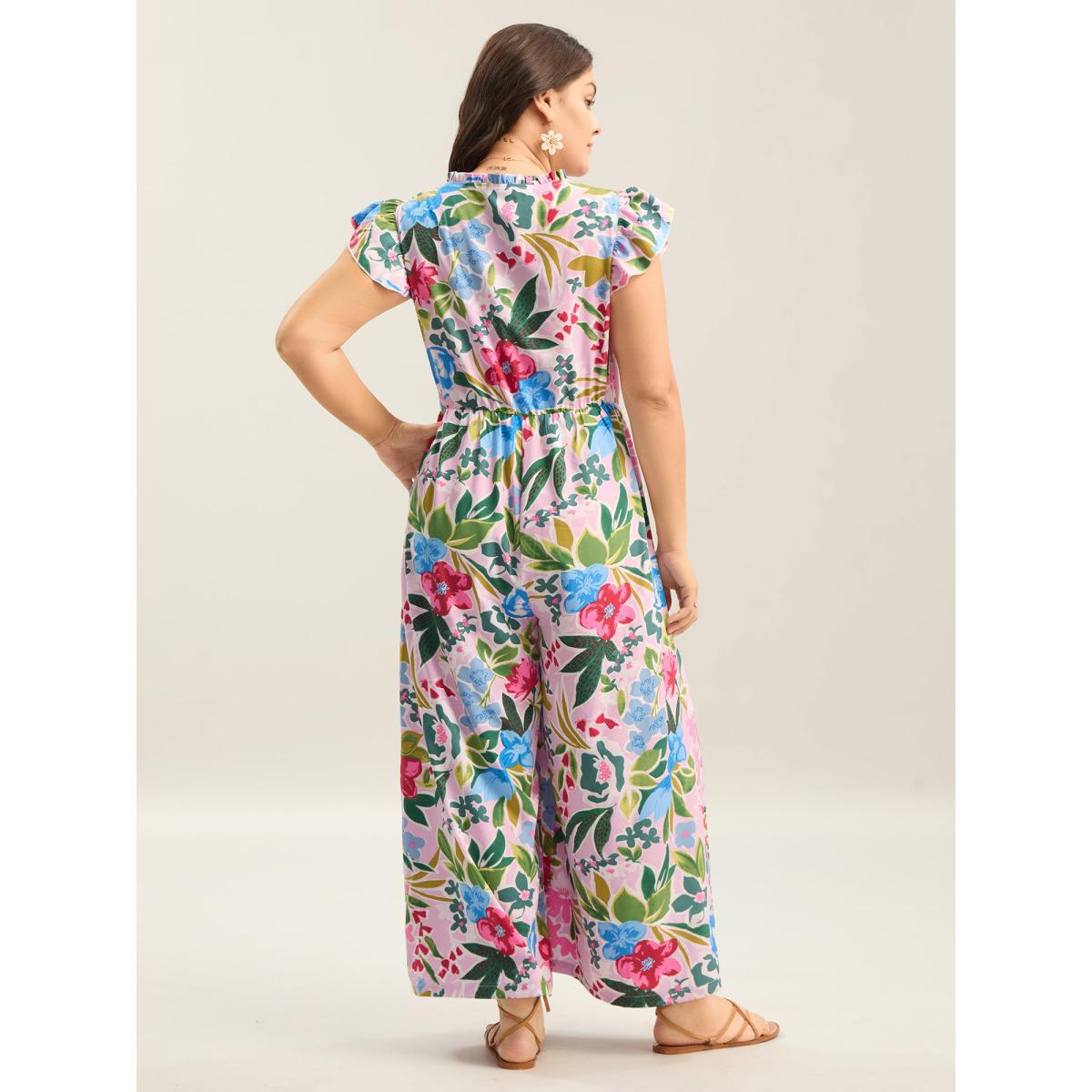 Plus Size Blush Sunkissed Floral Print Button Wide-Leg Jumpsuit Women Resort Cap Sleeve Notched collar Vacation Loose Jumpsuits BloomChic 14-16/1X Product Image