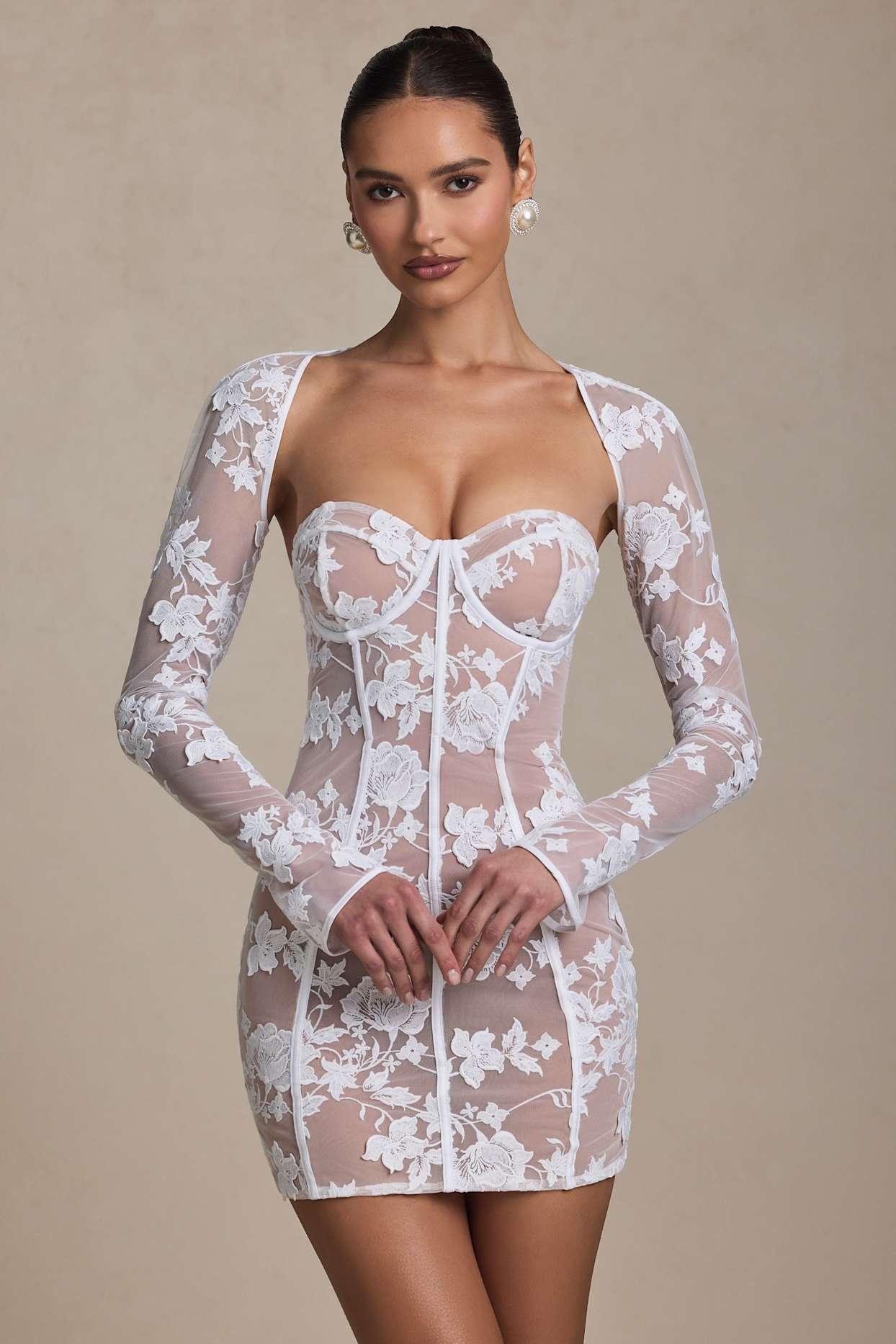 Lace-Detail Corset Mini Dress in White Product Image