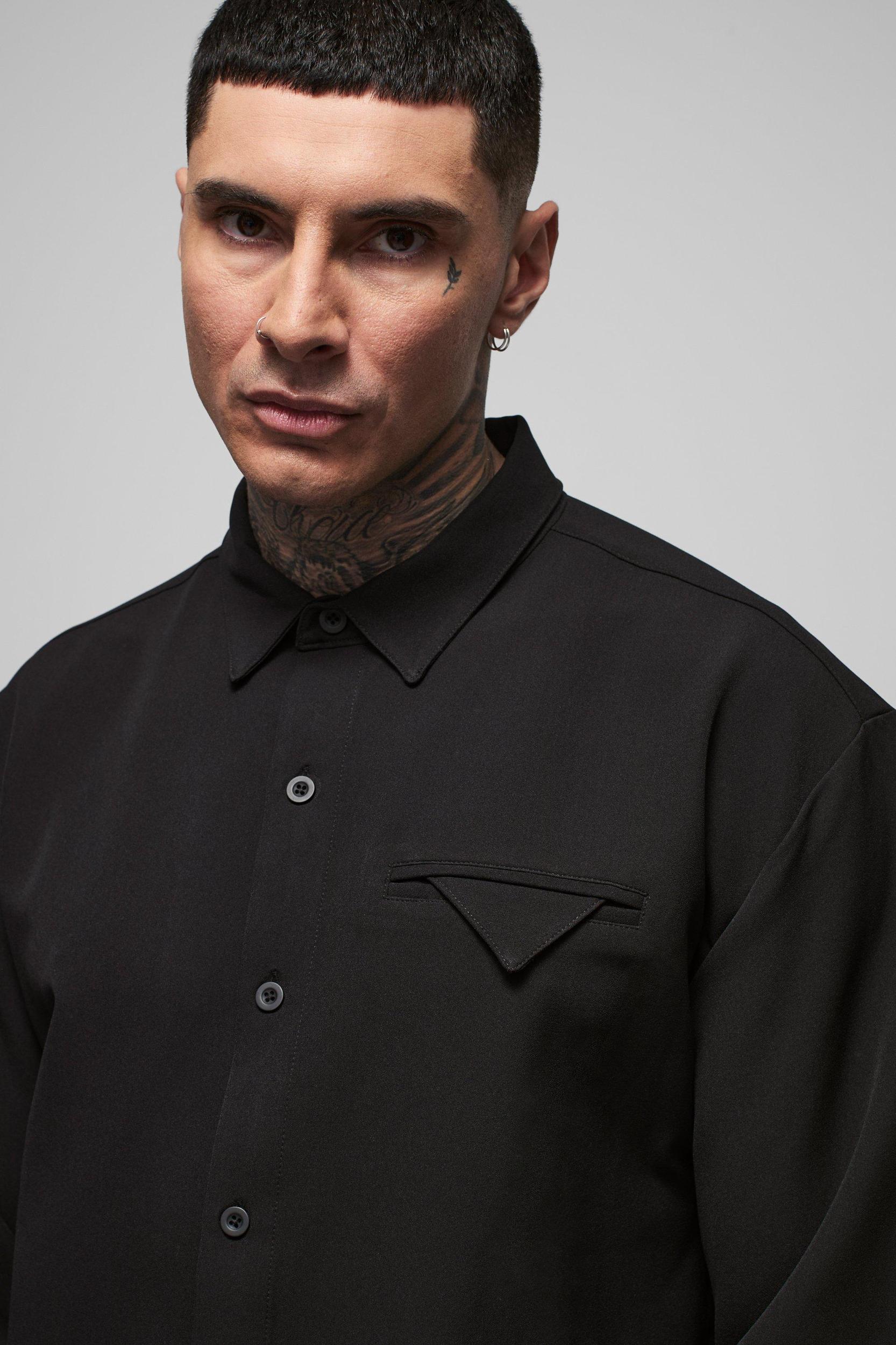 Tall Stretch Woven Pocket Detail Oversized Shirt | boohooMAN USA Product Image