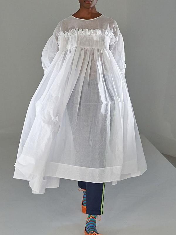 A-Line Long Sleeves Mesh Pleated See-Through Solid Color Split-Joint Round-Neck Midi Dresses Product Image