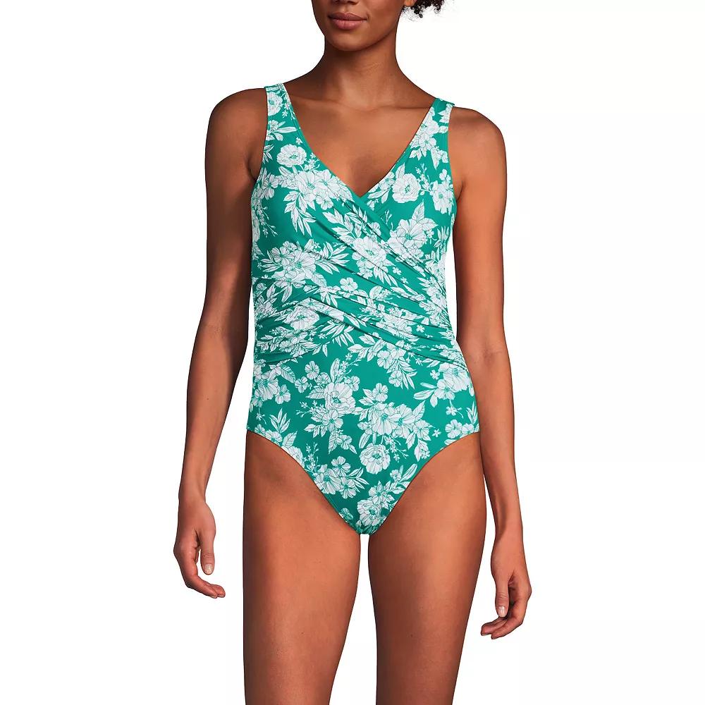 Women's Lands' End SlenderSuit Tummy Control Surplice One-Piece Swimsuit, Size: 8, Green White Floral Product Image
