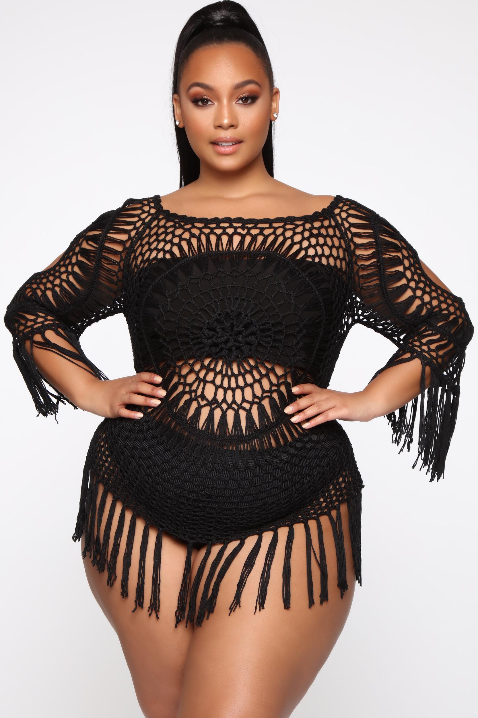 Vibes Crochet Long Sleeved Coverup - Black Product Image