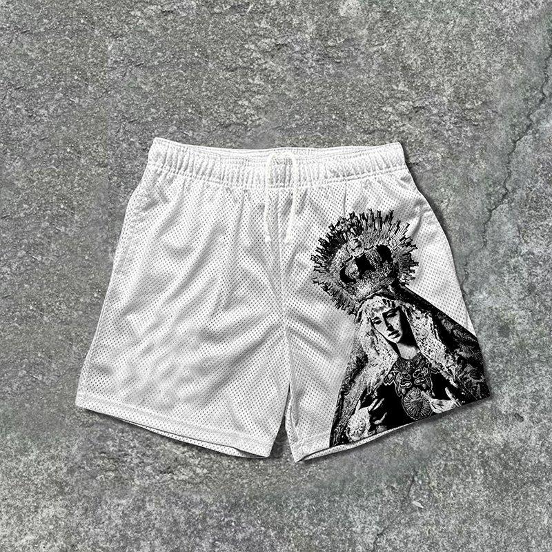 Vintage The Scriptures Of The Blessed Virgin Mary Graphics Mesh Drawstring Shorts Product Image