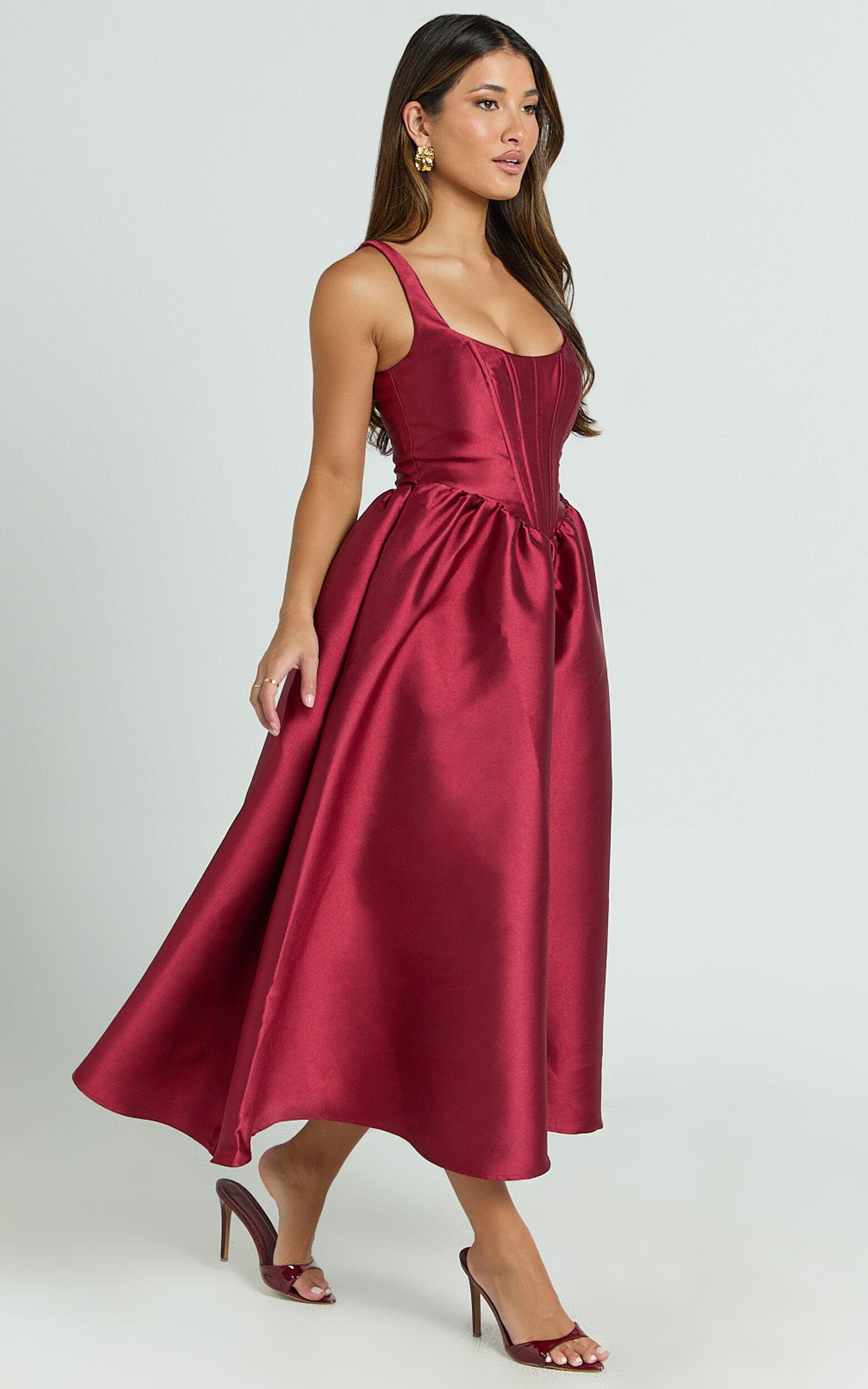 Courtney Midi Dress - Corset Panel Low Back Dress in Wine Product Image