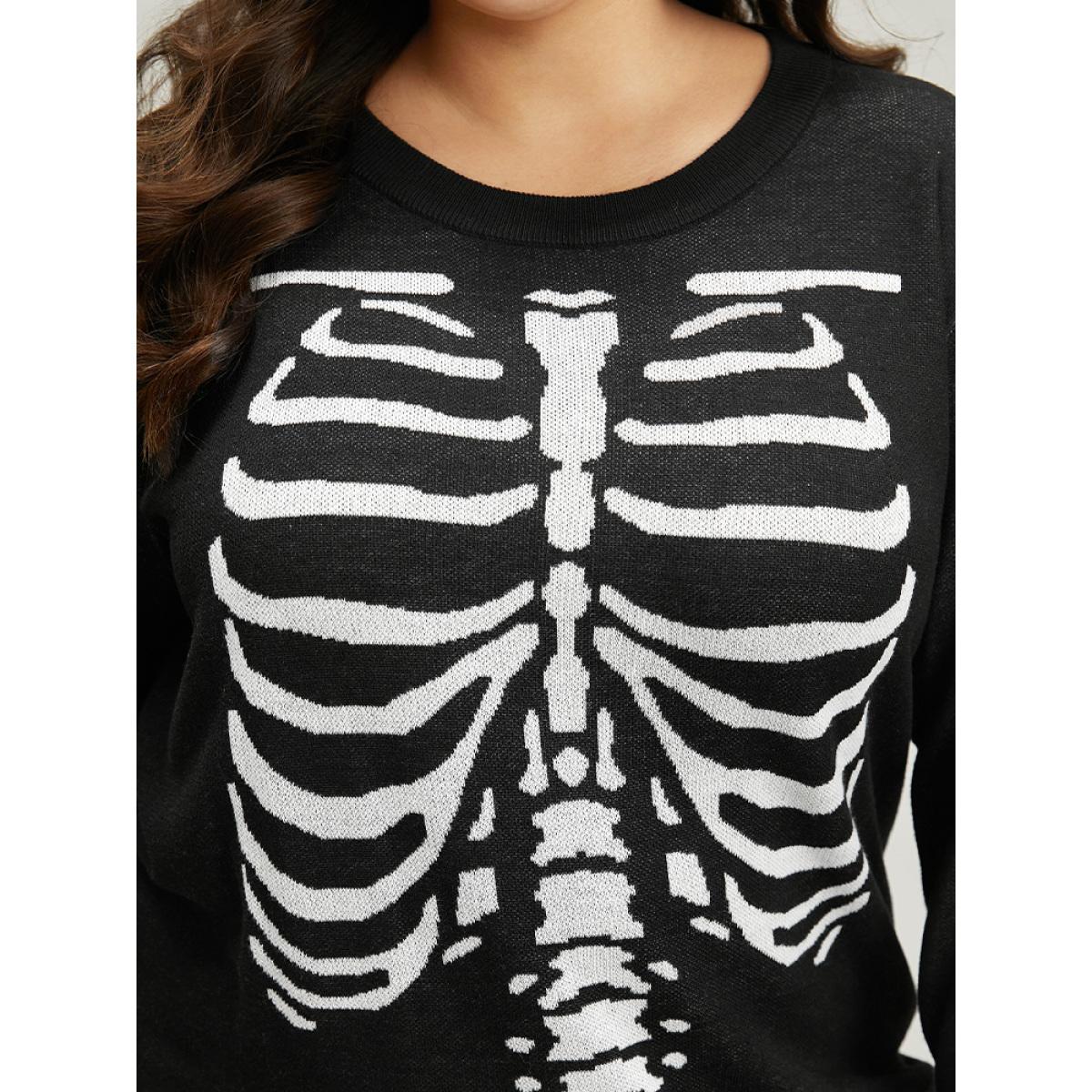 Plus Size Halloween Skull Print Elastic Cuffs Pullover Black Women Casual Loose Long Sleeve V-neck Festival-Halloween Pullovers BloomChic 10/M Product Image