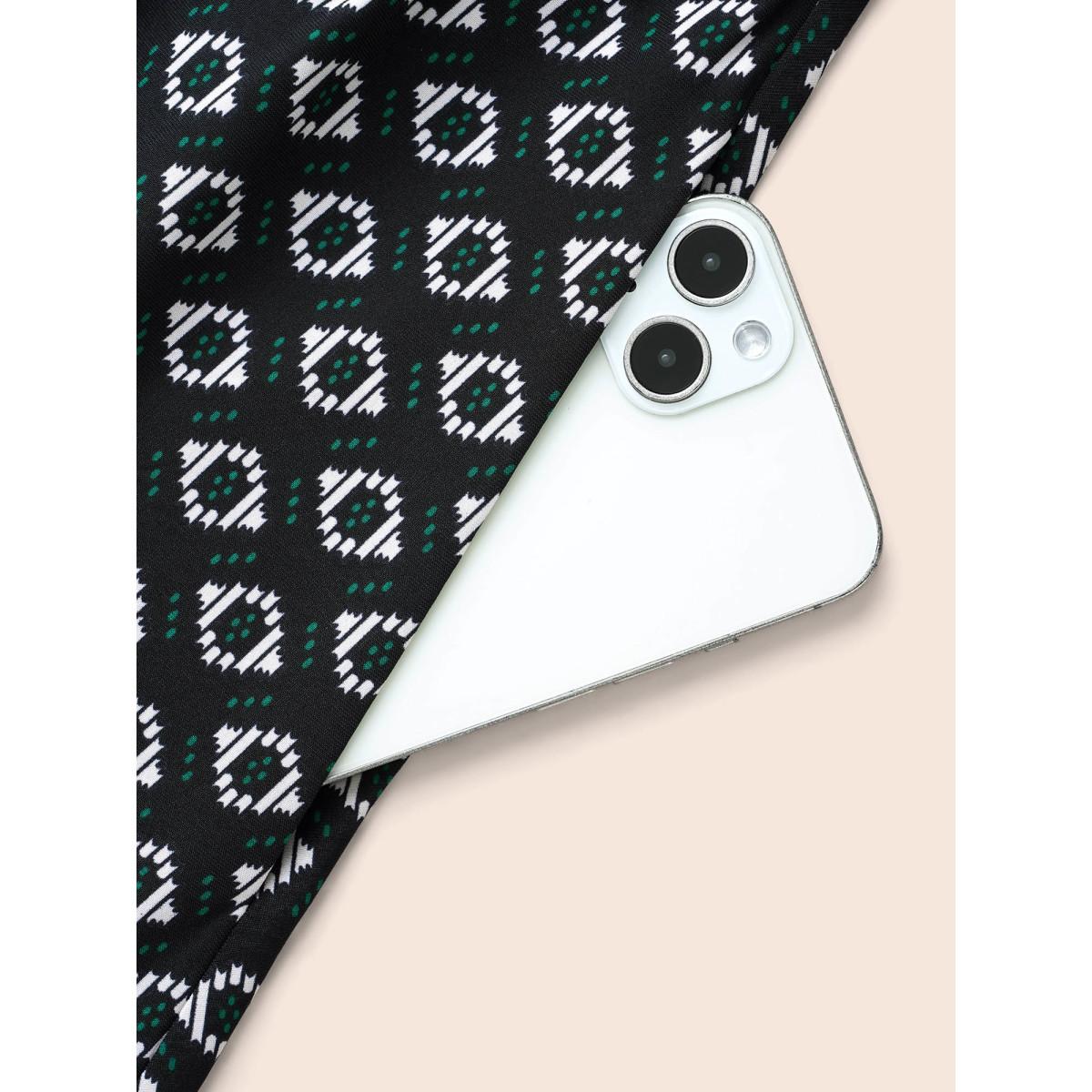 Plus Size Geometric Overlap Collar Belted Dress Black Women At the Office Belted Overlap Collar Long Sleeve Curvy BloomChic 10/M Product Image