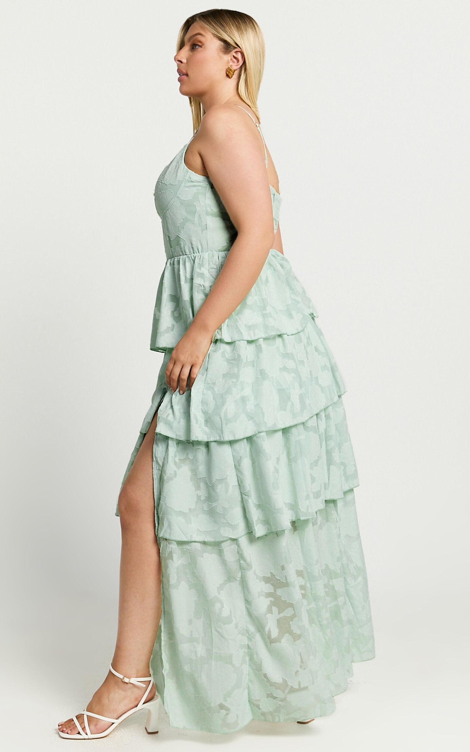 Janezkie Maxi Dress - Femme Tiered Jacquard Formal Dress in Mint Product Image