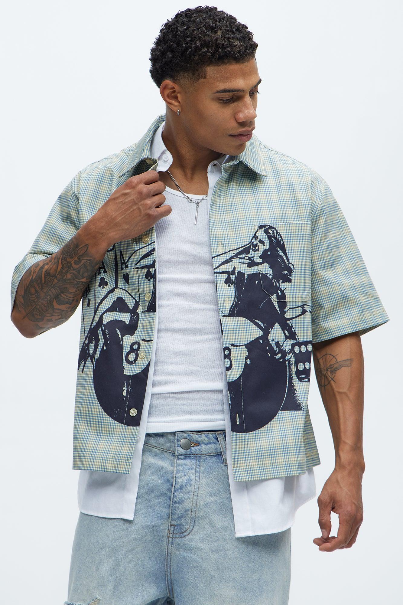 Cropped Pin Up Graphic Button Up Shirt - Green/combo Product Image
