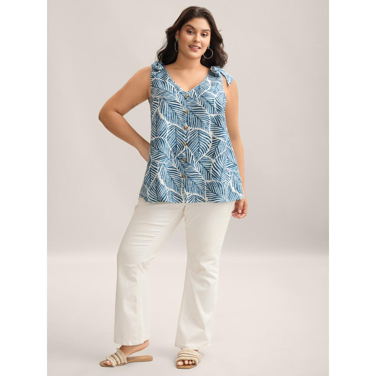 Plus Size Bow Shoulder Leaf Print Button Tank Top Women Mediumblue Resort Tie knot V-neck Vacation Tank Tops Camis BloomChic 10/M Product Image