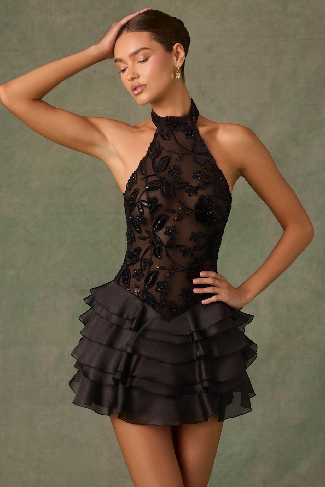 Embellished Ruffled Halterneck Mini Dress in Black Product Image