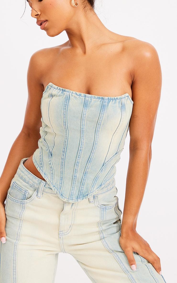 Light Blue Wash Seam Detail Corset Top Product Image