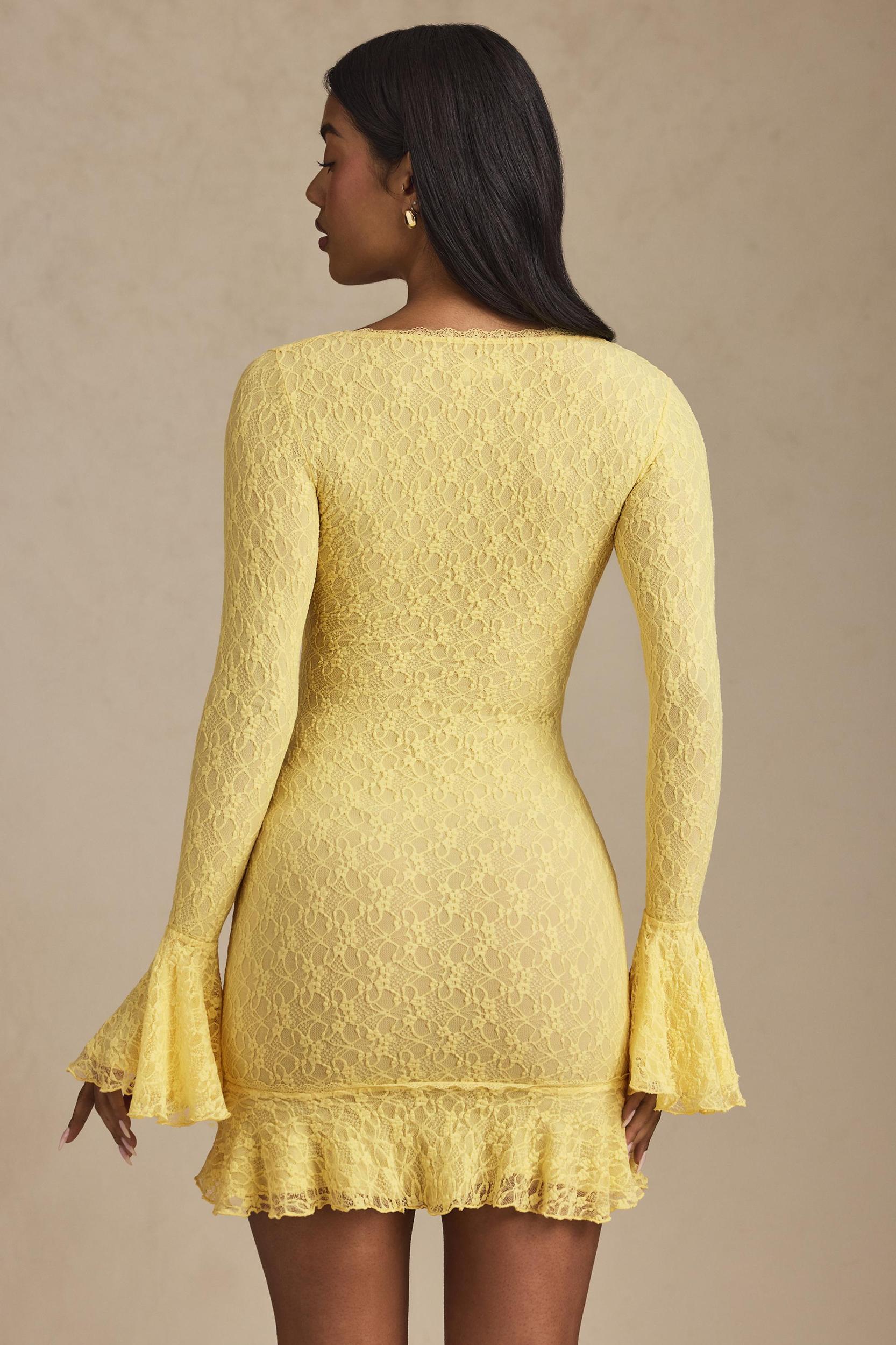 Long-Sleeve Ruffled Lace Mini Dress in Pastel Yellow Product Image