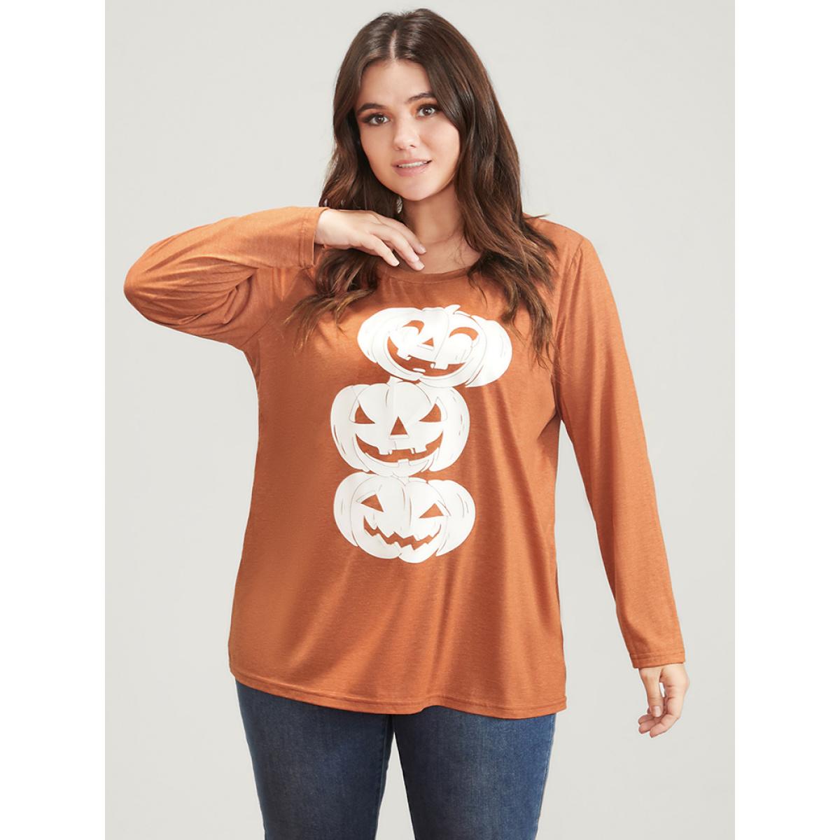 Plus Size Pumpkin Print Long Tee Chocolate Women Casual Printed Graphic-Halloween Round Neck Dailywear T-shirts BloomChic 14-16/1X Product Image