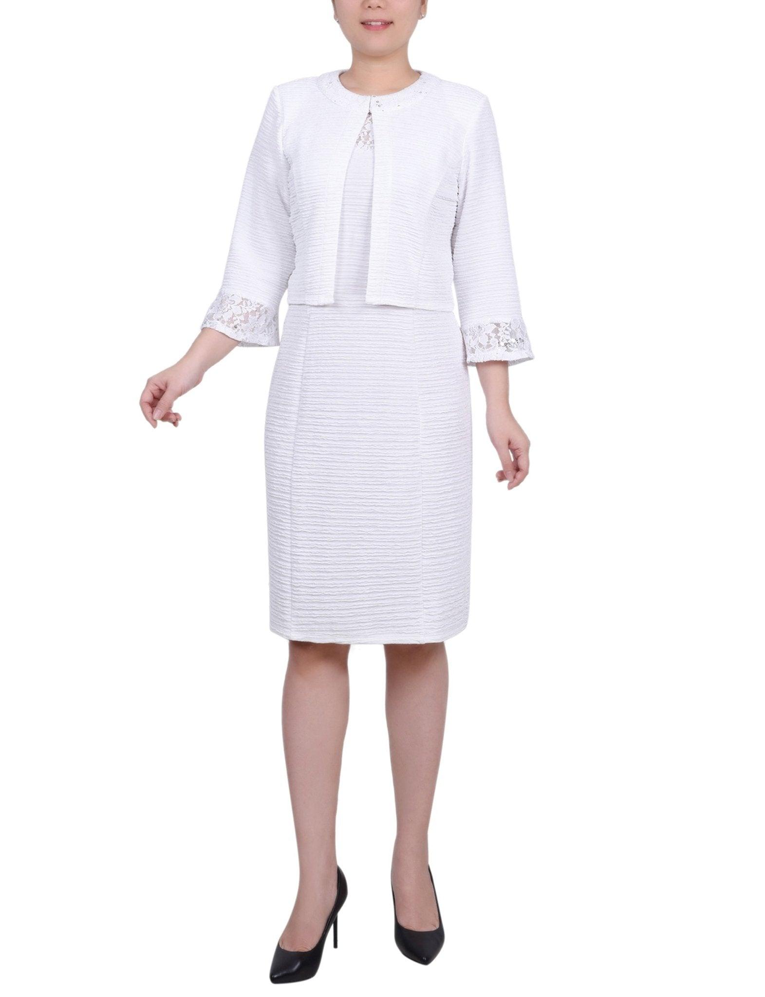 White Two Piece Novelty Knit and Lace Dress Set - Petite Product Image