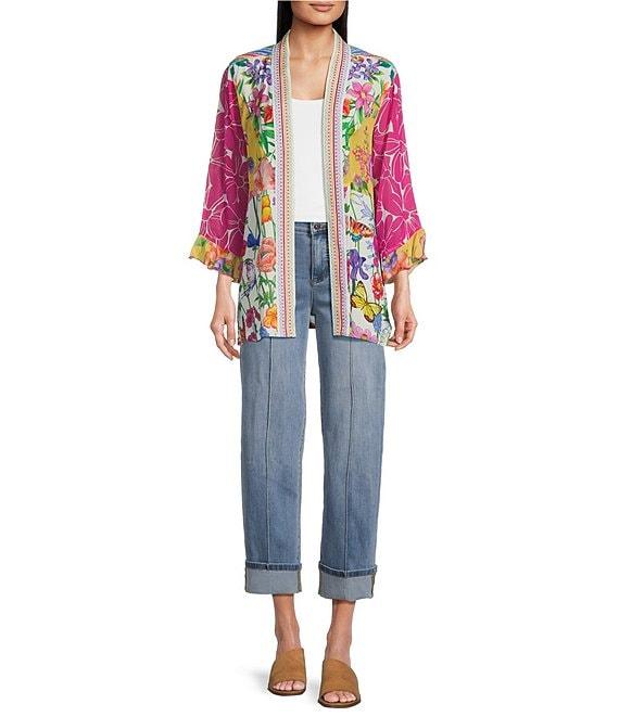 John Mark Mixed Floral Print 3/4 Sleeve Open Front Kimono Product Image