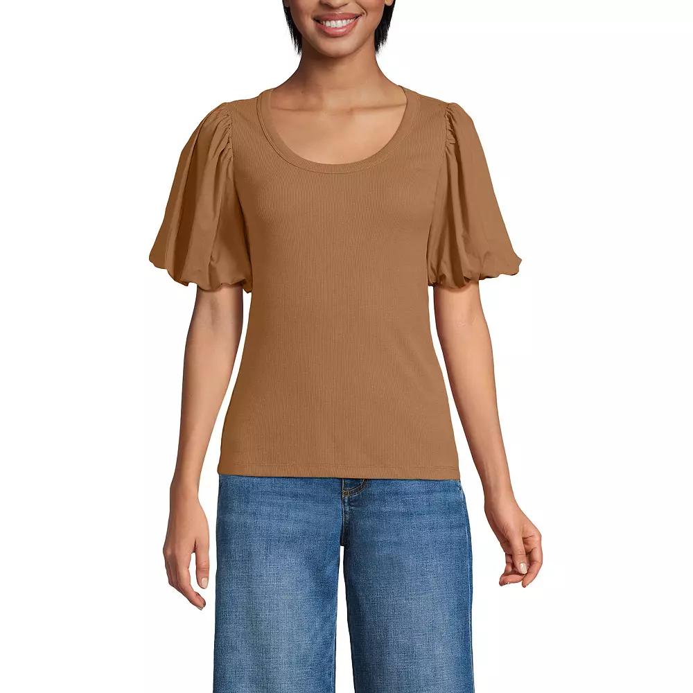 Petite Lands' End Drapey Rib Puff Sleeve Scoopneck Top, Women's,  Product Image