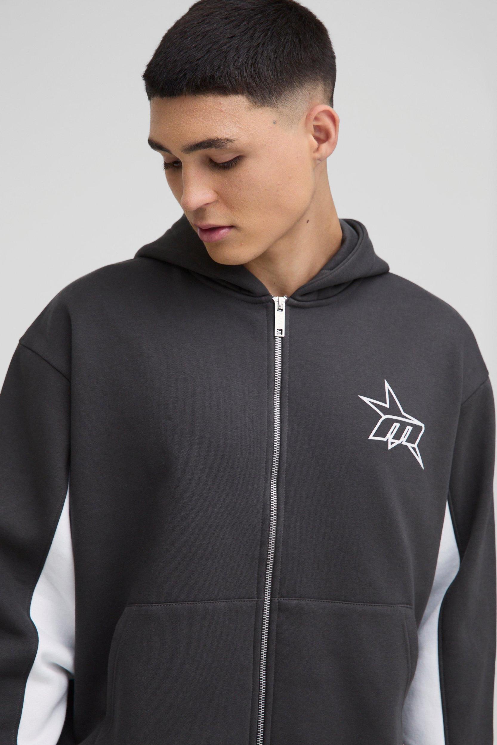 Oversized Boxy M Star Panelled Zip Through Hooded Tracksuit | boohooMAN USA Product Image
