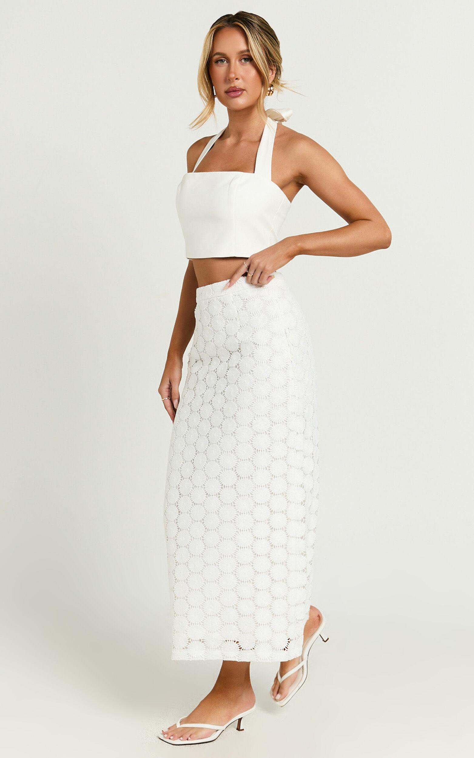 Wendy Midi Skirt - Broderie Lace High Waist Skirt in White Product Image