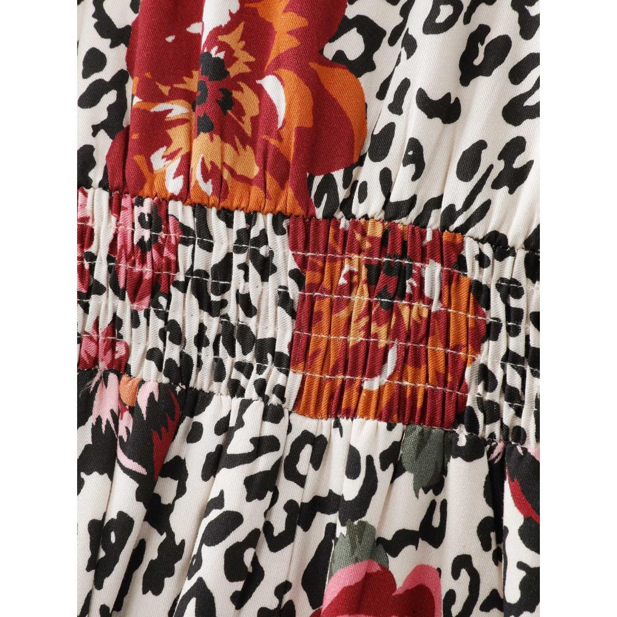 Plus Size Leopard Floral Print Shirred Waist Midi Dress Apricot Women Timeless Tie knot Flat collar with V-notch Long Sleeve Curvy BloomChic 14-16/1X Product Image