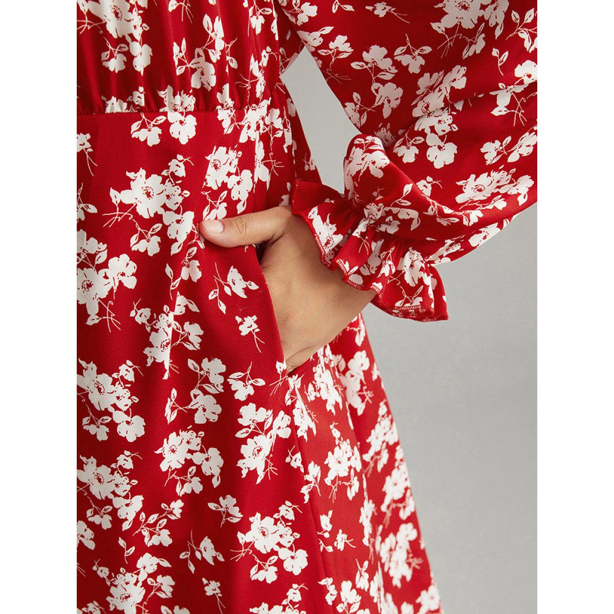 Plus Size Silhouette Floral Print Ties Lantern Sleeve Dress Crimson Women Elegant Gathered Square Neck Long Sleeve Curvy Midi Dress BloomChic 12/L Product Image